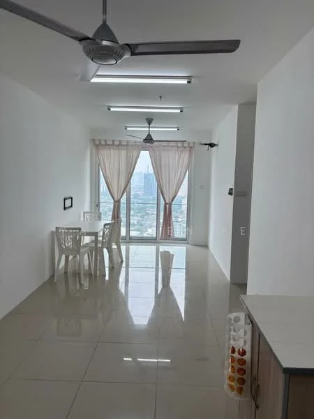 Living features: white painted walls, glossy ceramic tile flooring, 2 ceiling fans, floor-to-ceiling windows, sheer curtains, dining table for 4, plastic dining chairs, city view, light fixtures on ceiling; style: modern; view: city.