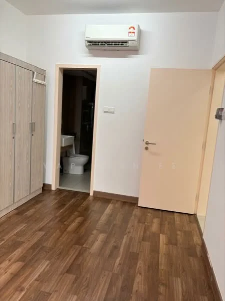 Room features: wooden flooring, white painted walls, built-in wardrobe with wood finish, wall-mounted split AC, door leading to bathroom, light switch, neutral door color; style: modern.