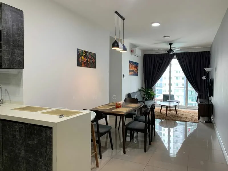Kitchen features: black cabinetry, white countertop, stainless-steel sink, chrome pull-down faucet, built-in oven, 4-burner gas hob; style: modern. Dining features: 6-seater dining table, wooden dining chairs, decorative fruit bowl; style: modern. Living features: 3-seater fabric sofa, area rug, wall-mounted TV, ceiling fan, floor-to-ceiling windows with curtains; style: modern; view: city.
