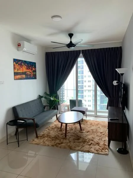 Living features: 3-seater fabric sofa in grey, coffee table, TV console, wall-mounted TV, area rug with geometric pattern, floor-to-ceiling windows, blackout curtains, ceiling fan with light, air conditioning unit, decorative wall art, indoor plant; style: modern; view: city.