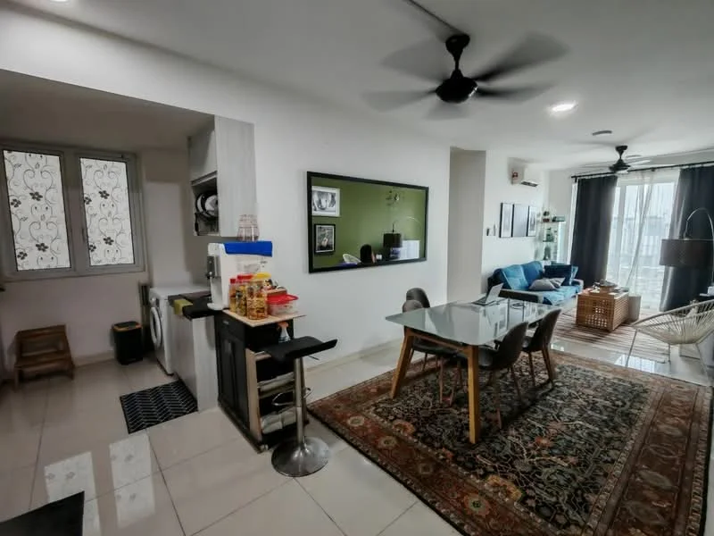 Living features: 3-seater fabric sofa in blue, wooden coffee table, area rug with geometric pattern, wall-mounted TV, decorative wall art, floor-to-ceiling windows with sheer curtains, ceiling fan with light, recessed downlights, open layout to dining area; style: modern; view: city. Kitchen features: white cabinetry, stainless-steel sink, chrome pull-down faucet, built-in oven, freestanding washing machine, countertop with bar stool, black and white patterned mat; style: modern.