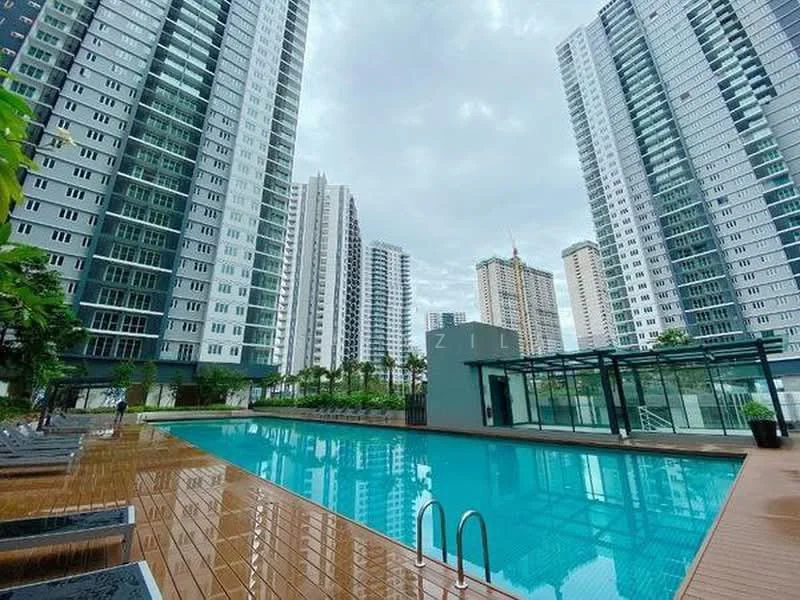 Exterior type: high-rise condominium; features: infinity pool, pool deck with loungers, surrounding high-rise buildings, landscaped greenery, glass enclosure, wooden decking, city skyline in background; style: modern.