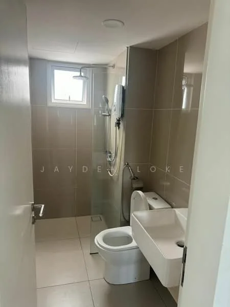 Bathroom features: grey tiled walls, white ceramic floor tiles, walk-in shower with glass enclosure, rain shower head, handheld shower, single-sink vanity with wall-mounted faucet, one-piece toilet, mirror above sink, window for natural light, recessed ceiling lights; style: modern.