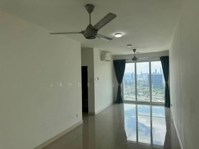 Living features: white painted walls, polished ceramic tile flooring, 5-blade ceiling fan, recessed downlights, floor-to-ceiling windows, curtains, air conditioning unit, city skyline view; style: modern; view: city.