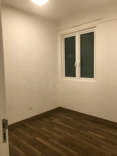 Room features: white painted walls, wooden flooring, single window, no visible furniture, ceiling light.