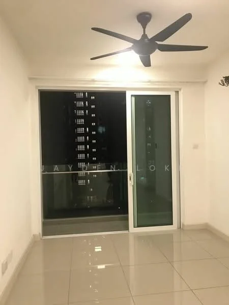 Room features: white painted walls, glossy tile flooring, 5-blade ceiling fan, sliding glass door, floor-to-ceiling windows, balcony view, recessed lighting; style: modern; view: city.