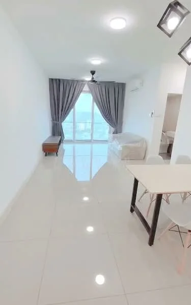 Living features: white painted walls, glossy ceramic tile flooring, recessed downlights, 5-blade ceiling fan, floor-to-ceiling windows, sheer curtains, sofa, dining table with chairs, coffee table, decorative wall, air conditioning unit; style: modern; view: city.