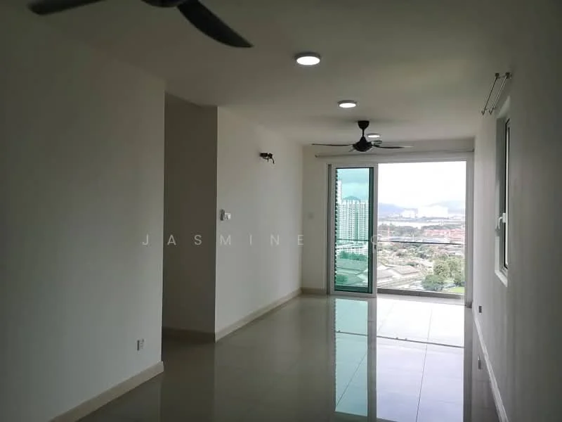 Living features: white painted walls, polished floor tiles, 2 ceiling fans, floor-to-ceiling windows, sliding glass door, city view, recessed downlights; style: modern; view: city.