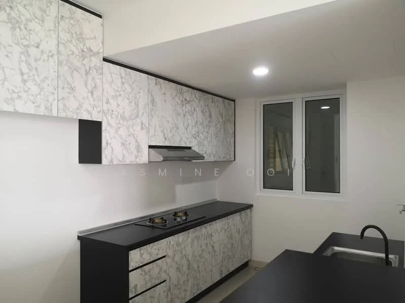 Kitchen features: marble countertop, black cabinetry, stainless-steel range hood, 2-burner gas hob, single-bowl stainless-steel sink, chrome pull-down faucet, white walls, recessed LED downlights, floor-to-ceiling window; style: modern.