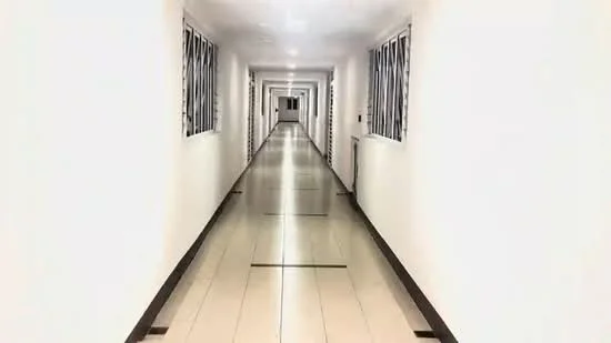 Hallway features: white painted walls, tile flooring, linear lighting, windows with metal grilles, long corridor layout; style: modern.