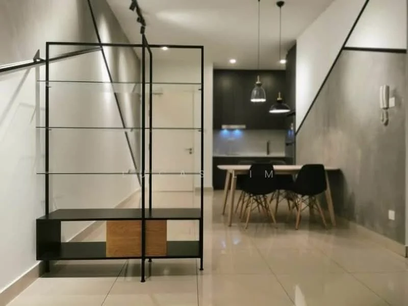 Living features: black metal shelving unit with glass shelves, wooden cabinet with two doors, polished ceramic tile flooring, grey accent wall, recessed downlights, pendant lighting, black dining chairs, wooden dining table, kitchen area with dark cabinetry, open layout; style: modern.