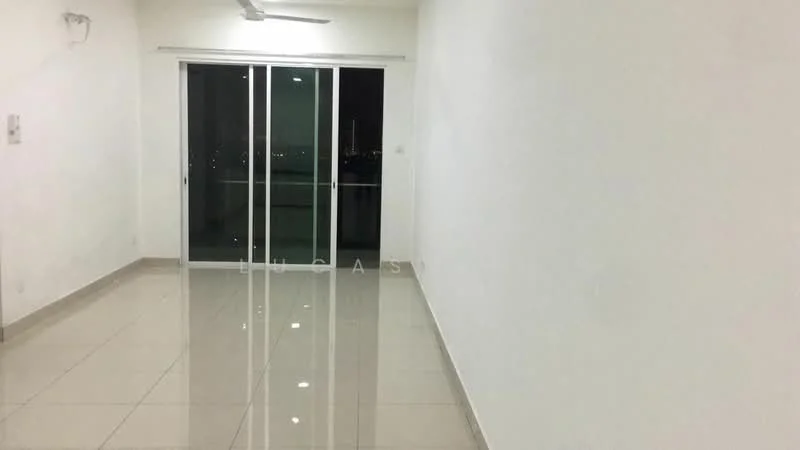 Living features: white painted walls, glossy ceramic tile flooring, sliding glass door, floor-to-ceiling windows, ceiling fan, neutral color scheme, city view, open layout; style: modern; view: city.