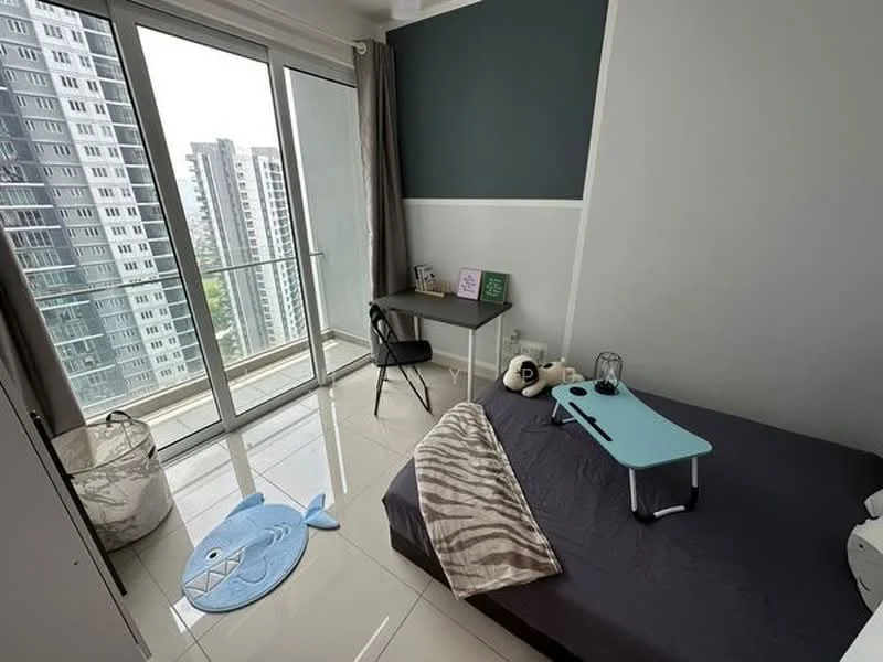 Bedroom features: grey accent wall, white painted walls, sliding glass door, floor-to-ceiling windows, tile flooring, queen-size bed with dark bedding, study desk with chair, decorative fish-shaped rug, panda plush toys, table lamp, curtains, balcony view, wall-mounted decor; style: modern; view: city.