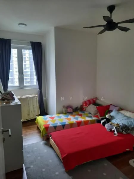 Bedroom features: two beds with colorful bedding, wooden flooring, floor-to-ceiling window, curtains in dark blue, ceiling fan, wall-mounted light fixture, decorative plush toys, neutral painted walls; style: modern; view: city.