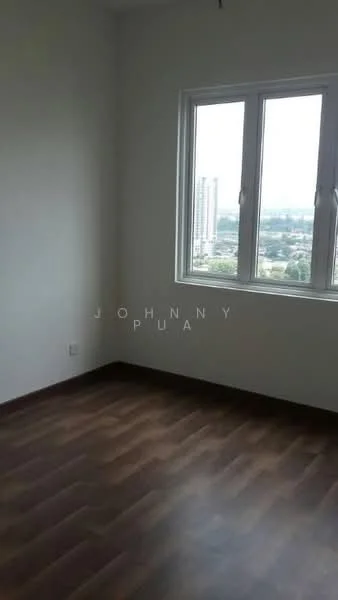 Room features: light wood laminate flooring, white painted walls, two windows with city view, no visible furniture, ceiling light fixture; style: modern; view: city.