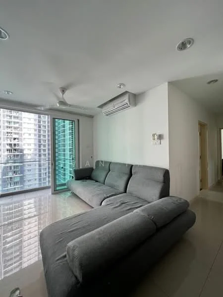 Living features: L-shape sectional sofa in grey, floor-to-ceiling windows, sliding glass door, white painted walls, recessed downlights, wall-mounted split AC, glossy tile flooring, view of city skyline; style: modern; view: city.