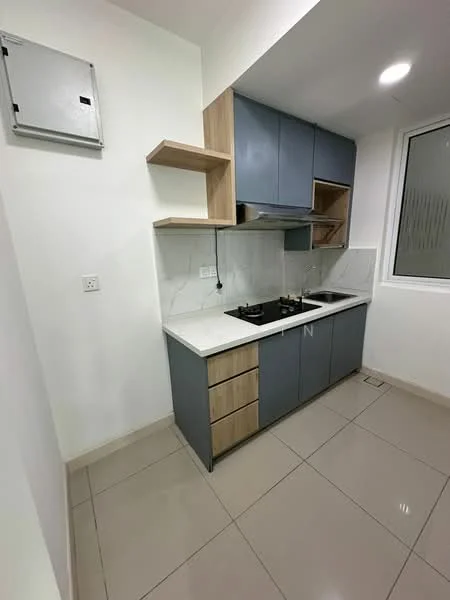 Kitchen features: grey cabinetry, wooden open shelving, white marble countertop, white tile backsplash, built-in gas hob, stainless-steel range hood, single-bowl stainless-steel sink, wall-mounted electrical panel, large window, ceramic tile flooring, recessed downlights; style: modern.
