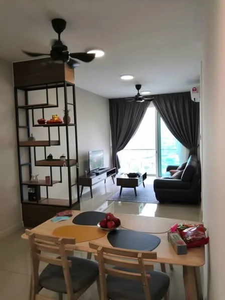 Living features: 3-seater fabric sofa in dark grey, coffee table, TV console, wall-mounted TV, area rug, floor-to-ceiling windows, curtains, 2 ceiling fans with light, decorative shelving unit, wall-mounted air conditioning unit; style: modern; view: city. Dining features: 6-seater dining table, wooden dining chairs, black placemats, fruit bowl with apples; style: modern.