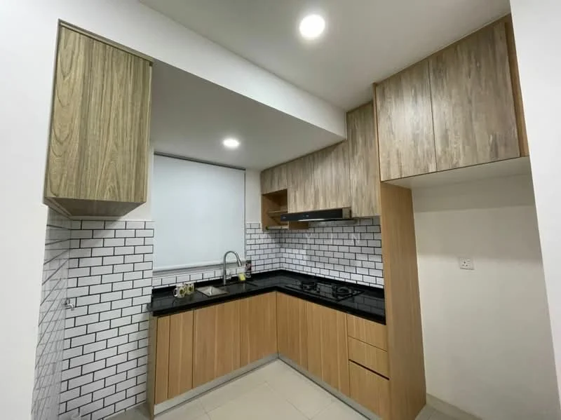Kitchen features: black granite countertop, white subway tile backsplash, wood cabinetry with a natural finish, stainless-steel sink, chrome pull-down faucet, built-in stove, exhaust hood, under-cabinet lighting, light-colored tile flooring, window with sheer curtains; style: modern.