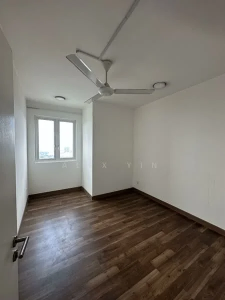 Room features: white painted walls, wooden flooring, 5-blade ceiling fan, recessed downlights, floor-to-ceiling window, window with city view; style: modern; view: city.