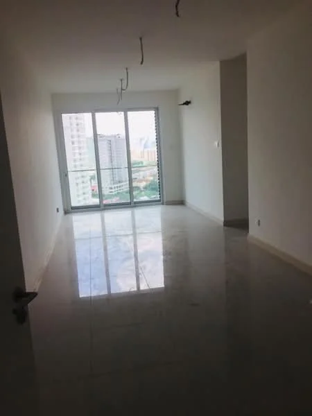 Room features: white painted walls, glossy marble tile flooring, floor-to-ceiling windows, city view, recessed ceiling lights, open layout; style: modern; view: city.