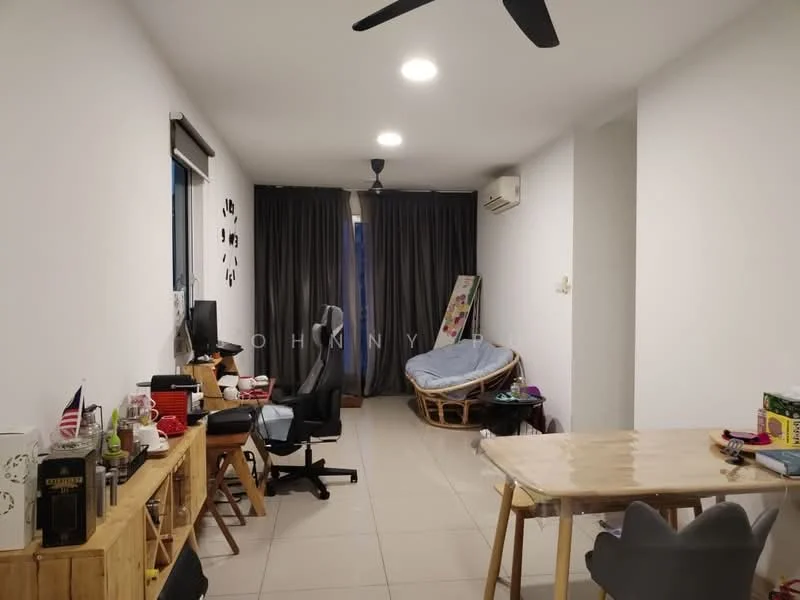 Living features: white painted walls, tile flooring, recessed downlights, 5-blade ceiling fan, floor-to-ceiling windows, dark grey curtains, wooden dining table, grey dining chairs, rattan lounge chair, desk with office chair, air conditioning unit, decorative wall art; style: modern.