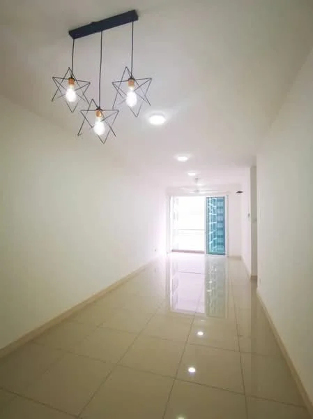 Room features: white painted walls, glossy ceramic tile flooring, recessed downlights, 3-blade ceiling fan, hanging pendant lights with star-shaped design, sliding glass door, natural light from windows, open layout; style: modern.