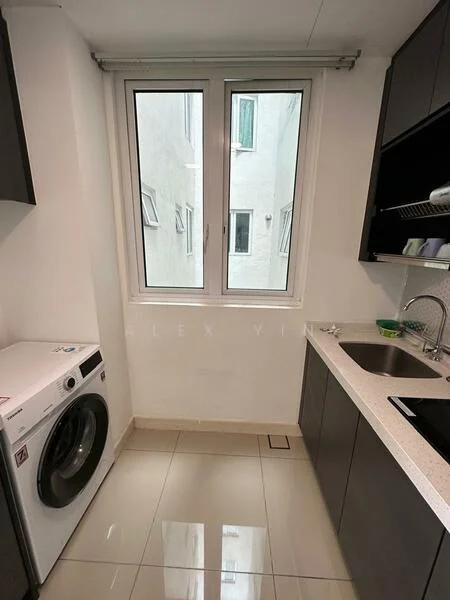 Kitchen features: white painted walls, grey cabinetry, stainless-steel sink, chrome pull-down faucet, countertop with light grey finish, built-in washing machine, floor-to-ceiling window, glossy tile flooring; style: modern.