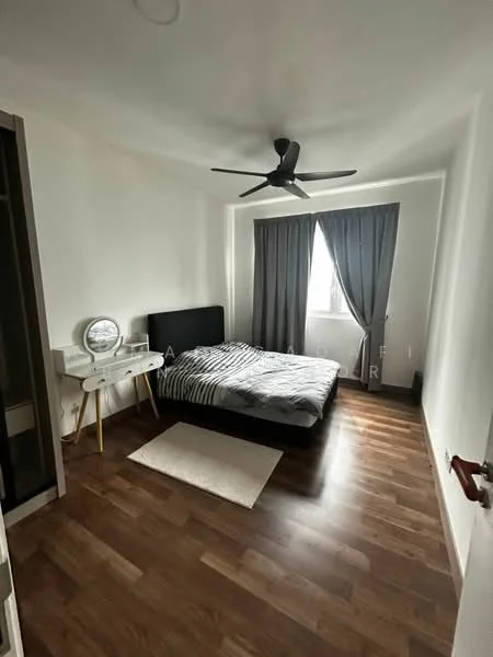 Bedroom features: queen-size bed with black upholstered headboard, striped bedding, wooden flooring, 5-blade ceiling fan, floor-to-ceiling window, grey curtains, white walls, dressing table with round mirror, area rug; style: modern.