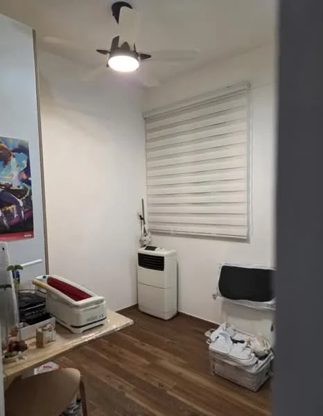 Room features: wooden flooring, white painted walls, ceiling fan with light, window with roller blinds, portable air conditioning unit, table with decorative items, laundry basket, storage box; style: modern.