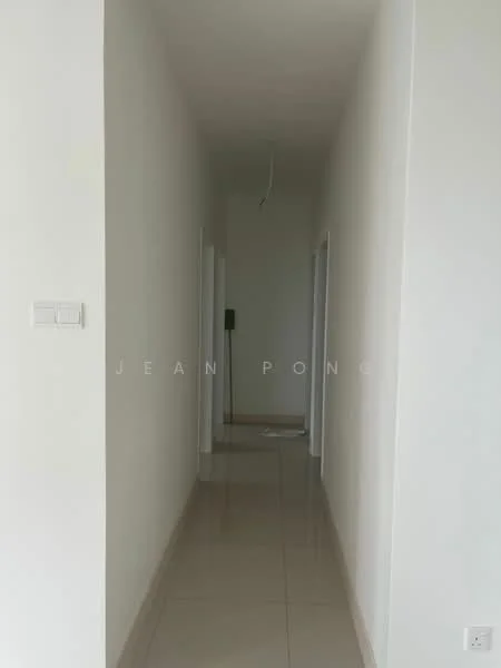 Room features: white painted walls, glossy ceramic tile flooring, ceiling light fixture, door frames, doorway openings, straight corridor layout.