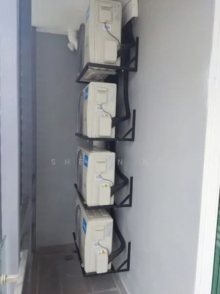 Exterior features: 3 wall-mounted split AC units, grey painted walls, tile flooring.