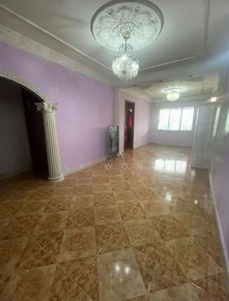 Room features: purple painted walls, marble tile flooring, chandelier, decorative ceiling with crown moulding, arched entryway with column, floor-to-ceiling windows, white window treatments, built-in wardrobe, wall-mounted folding screen; style: traditional.