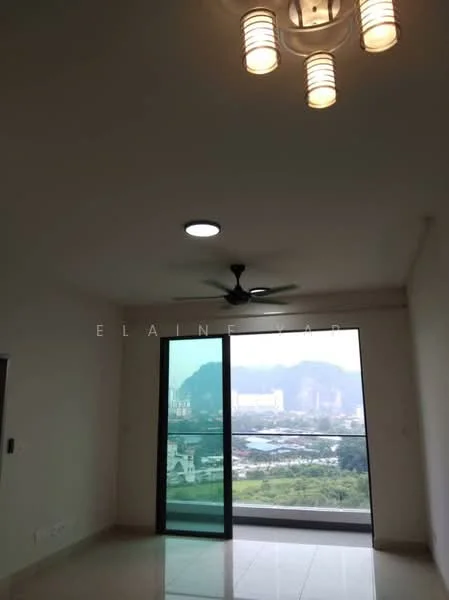 Room features: recessed LED downlights, 5-blade ceiling fan, floor-to-ceiling sliding glass door, city view through glass door, white painted walls, polished tile flooring; style: modern; view: city.