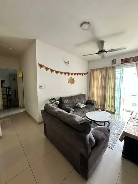 Living features: 3-seater fabric sofa in grey, 2-seater fabric sofa in grey, round coffee table, ceiling fan, floor-to-ceiling windows, sheer curtains, cream painted walls, tile flooring, decorative wall hanging, area rug with geometric pattern; style: modern; view: garden.