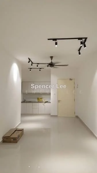 Living features: white painted walls, polished tile flooring, 5-blade ceiling fan with light, track lighting, open kitchen area, kitchen cabinetry, kitchen countertop, door leading to another room; style: modern.