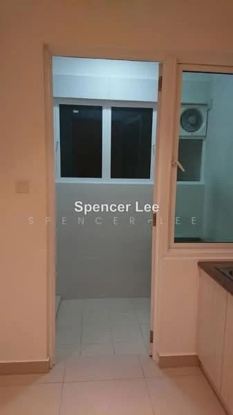 Room features: white painted walls, tile flooring, sliding glass door, floor-to-ceiling windows, wall-mounted split AC, light switch, door frame, window frame; style: modern.