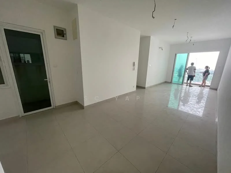 Room features: white painted walls, tile flooring, floor-to-ceiling windows, sliding glass door, natural light from windows, two visible people, ceiling lights, open layout; style: modern; view: city.