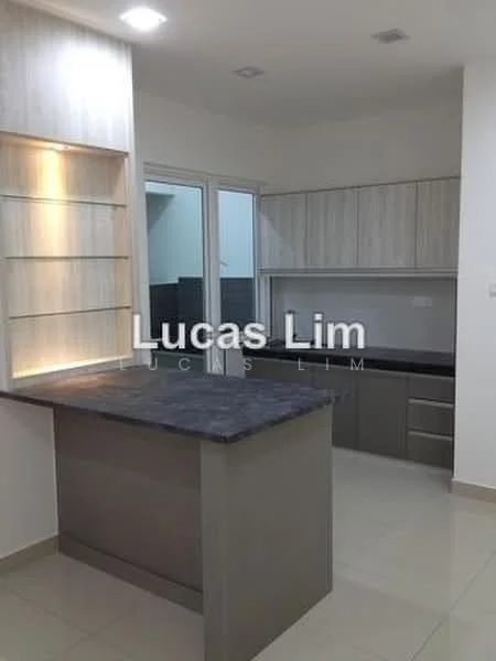 Kitchen features: kitchen island with dark countertop, light wood cabinetry, grey lower cabinets, open shelving, white walls, tile flooring, recessed downlights, large window for natural light; style: modern.