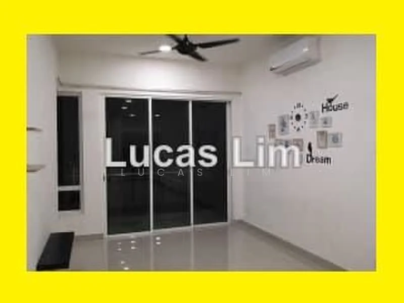 Living features: white painted walls, polished ceramic tile flooring, 5-blade ceiling fan, wall-mounted split AC, floor-to-ceiling sliding glass door, decorative wall with photo frames, open shelving, black bench, natural light from windows; style: modern.