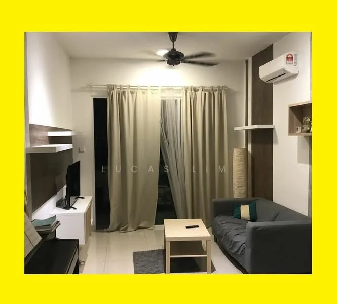 Living features: grey fabric sofa, coffee table, wall-mounted TV, TV console, 5-blade ceiling fan with light, recessed downlights, curtains, white painted walls, tile flooring, built-in shelves; style: modern.