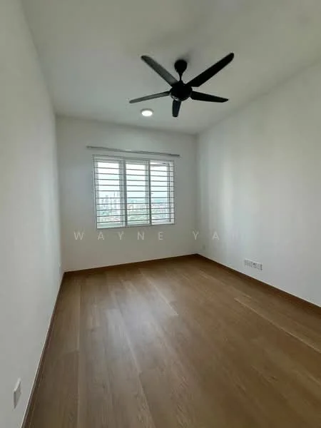 Room features: white painted walls, wooden flooring, 5-blade ceiling fan, window with horizontal blinds, natural light from window, light fixture on ceiling; style: modern; view: city.
