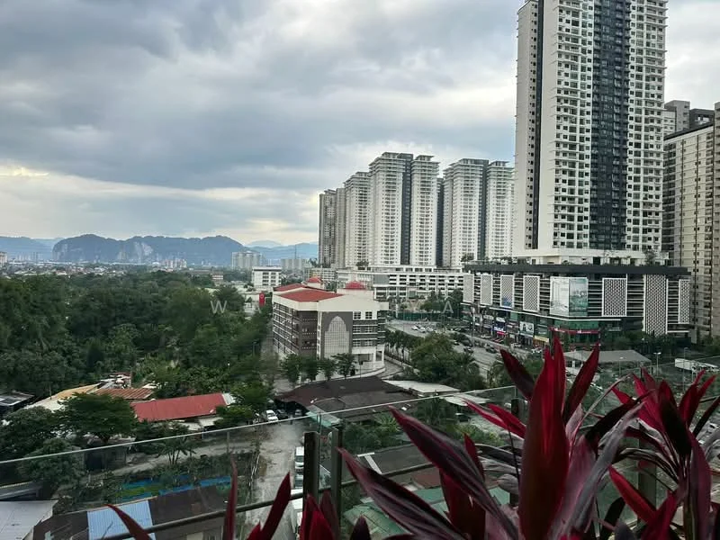 Exterior type: high-rise condominium; features: glass curtain wall, surrounded by greenery, city skyline view, multiple high-rise buildings, urban landscape, mountain view in background; style: modern.