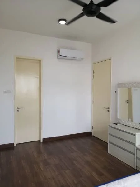 Room features: wooden flooring, white painted walls, 1 wall-mounted split AC, ceiling fan, mirror with frame, chest of drawers, door to adjacent room, door to hallway; style: modern.