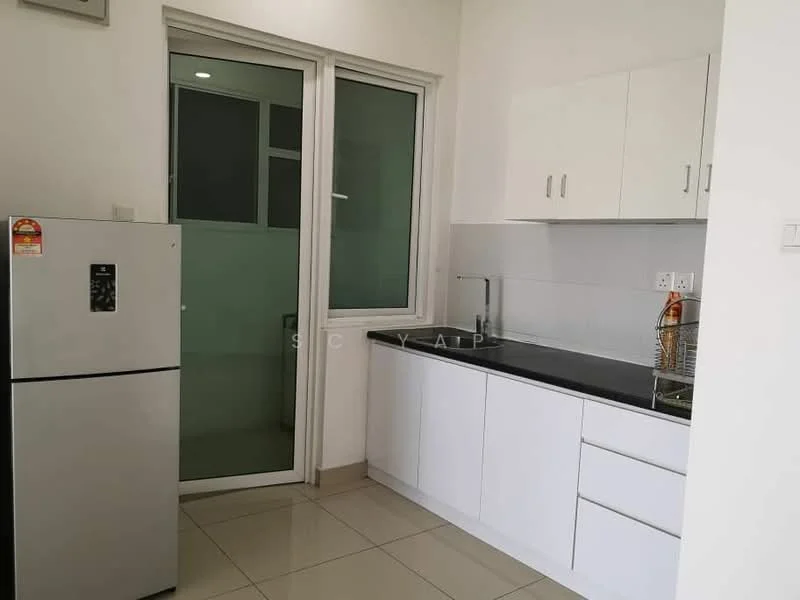 Kitchen features: white cabinetry, black countertop, stainless-steel fridge, single-bowl stainless-steel sink, chrome pull-down faucet, ceramic tile flooring, window with sliding glass door, wall-mounted cabinets, tile backsplash, recessed lighting; style: modern.