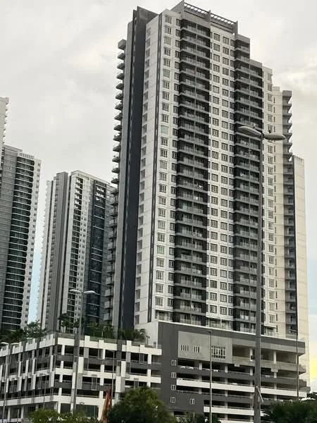 Exterior type: high-rise condominium; features: glass curtain wall, white painted facade, balconies with glass railings, multiple storeys, parking deck, landscaped rooftop garden, modern architectural design, surrounded by urban environment; style: modern.