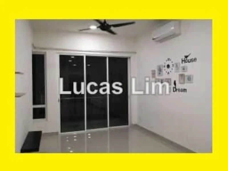 Room features: white painted walls, polished tile flooring, 5-blade ceiling fan, wall-mounted split AC, sliding glass door, decorative wall art, open shelving, large windows; style: modern.