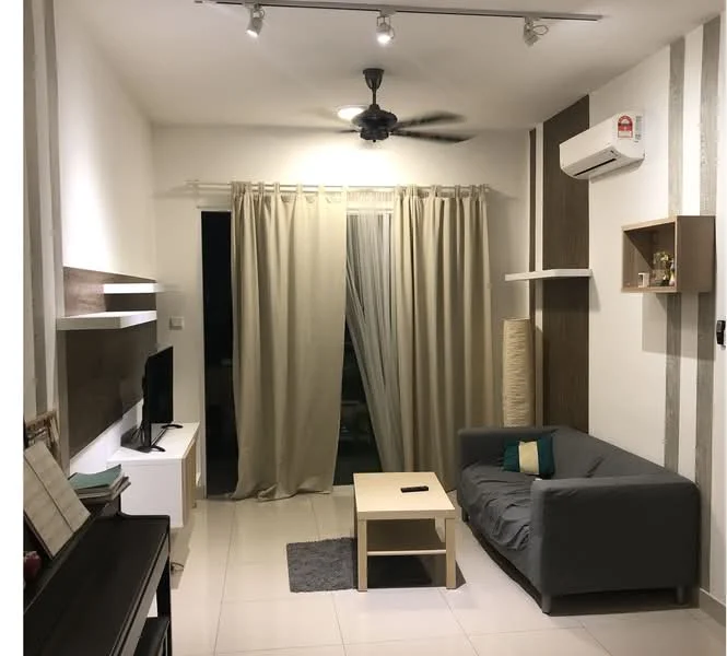 Living features: grey fabric sofa, coffee table, wall-mounted TV, white TV console, 5-blade ceiling fan with light, recessed LED downlights, cream curtains, white walls, wood accent wall, decorative floor lamp, air conditioning unit; style: modern.