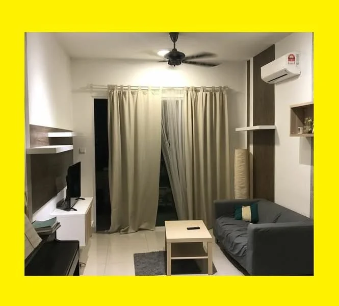 Living features: 3-seater fabric sofa in grey, coffee table, wall-mounted TV, TV console, area rug, floor-to-ceiling curtains, ceiling fan, wall-mounted air conditioning unit, shelves, decorative lamp, white painted walls, tile flooring; style: modern.