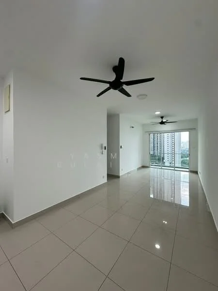 Living features: white painted walls, glossy ceramic tile flooring, 2 ceiling fans, floor-to-ceiling windows, sliding glass door, natural light, open layout, city view; style: modern; view: city.